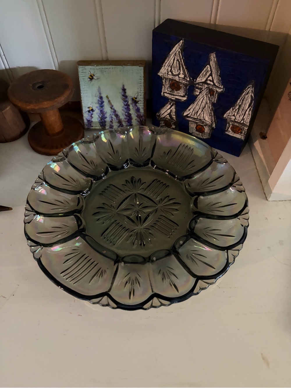 Carnival Glass Iridescent Vintage Glass Egg Tray - Smoky Gray